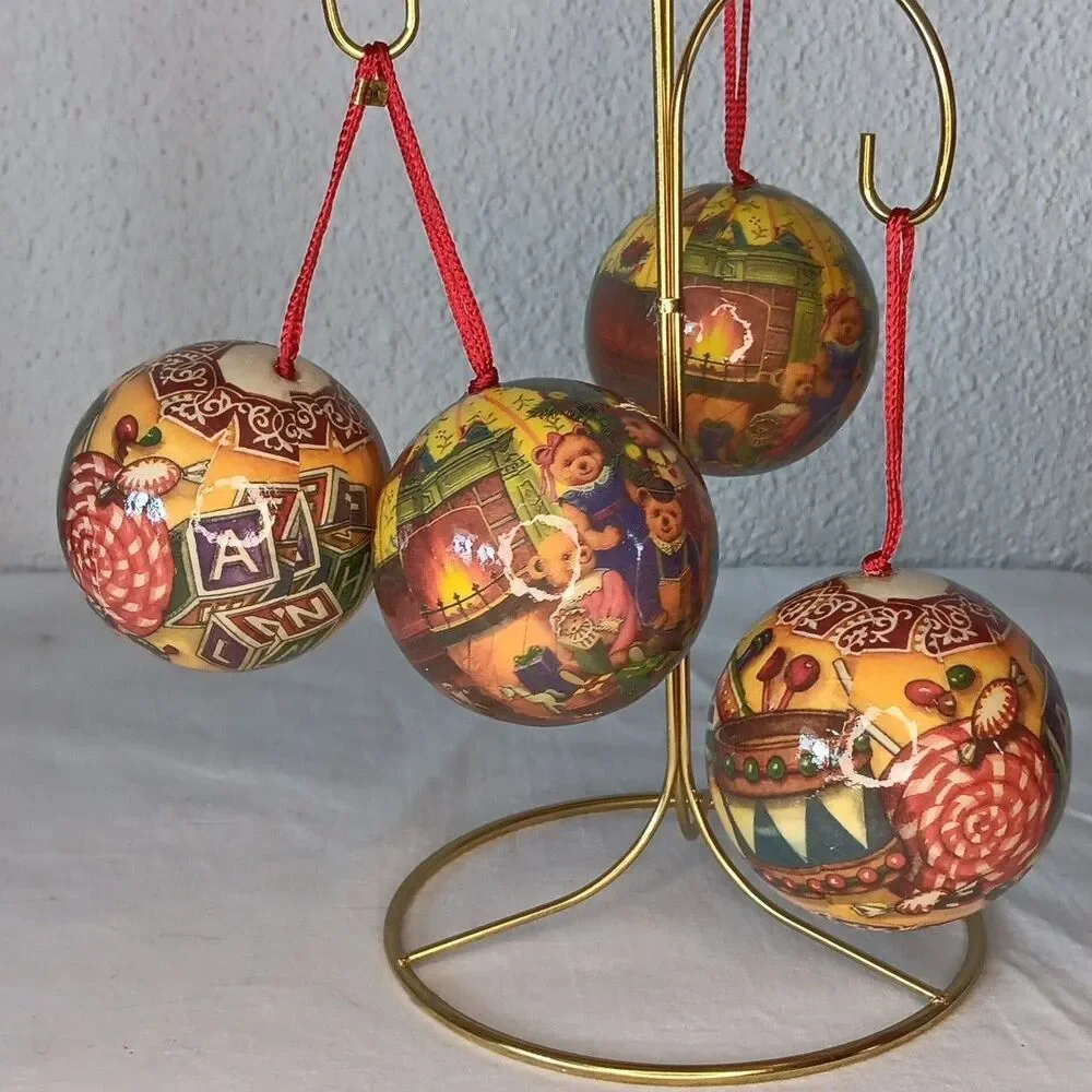 Vintage Decoupage Christmas Ornament Balls Bauble Teddy Bears Lot of 7
